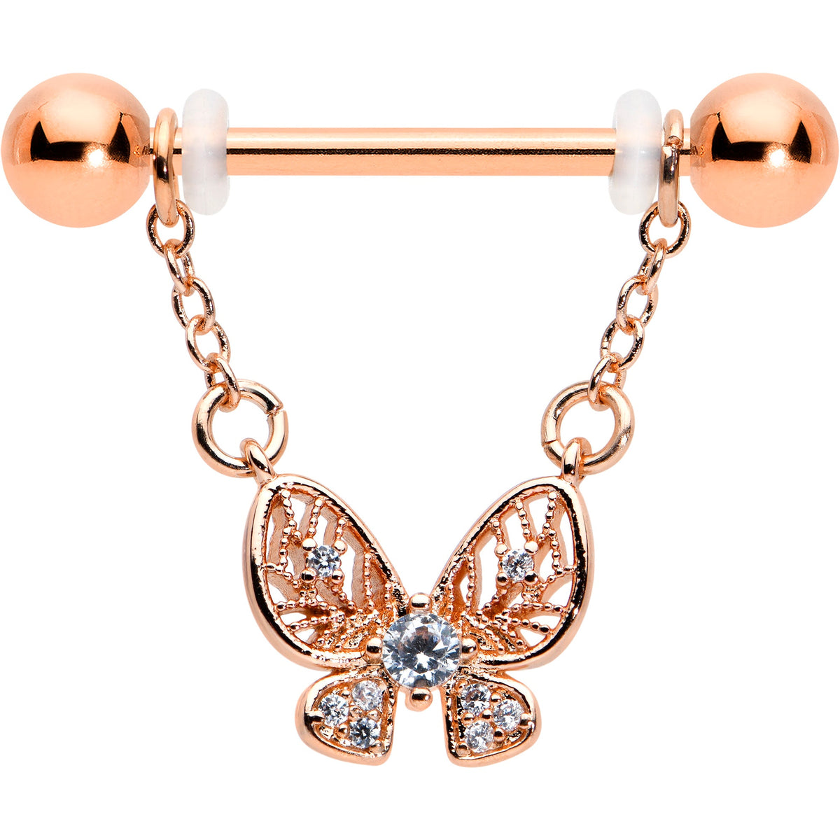 14G 5/8 Clear Gem Rosy Tone Airy Butterfly Dangle Nipple Ring Set