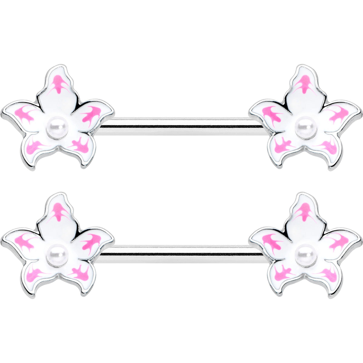 14G 9/16 Pearlescent Orb Pink White Flower Barbell Nipple Ring Set