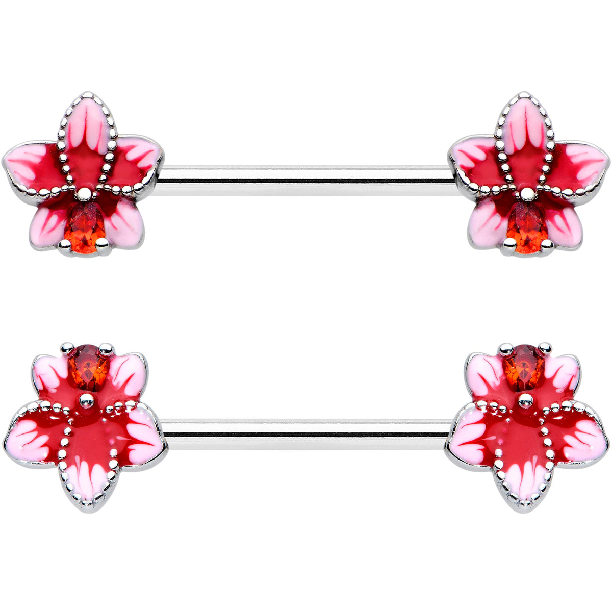 14G 9/16 Red Gem Tropical Flower Barbell Nipple Ring Set