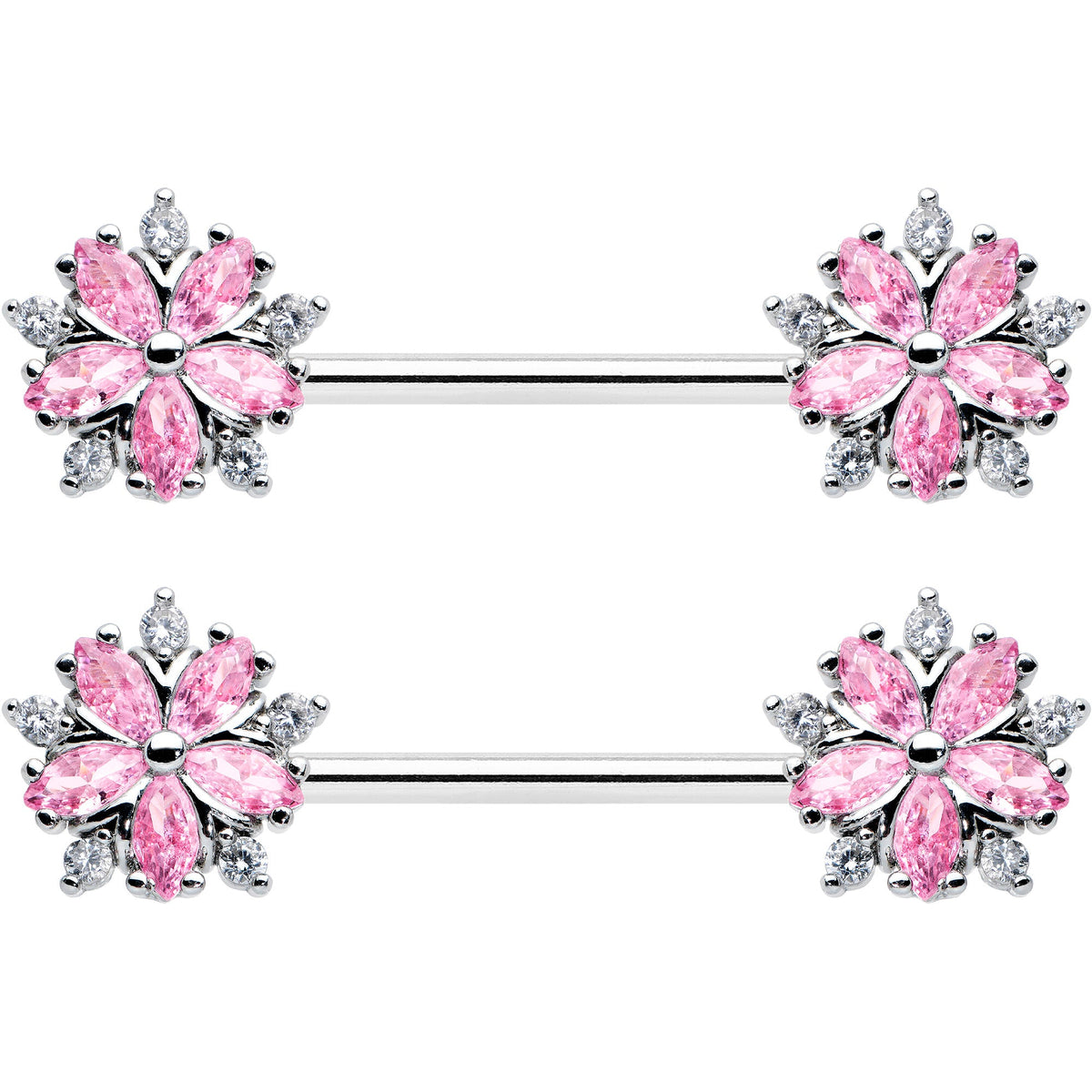 14G 9/16 Pink CZ Gem Floral Burst Barbell Nipple Ring Set