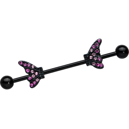 14G Pink Gem Black Moveable Wing Butterfly Industrial Barbell 38mm