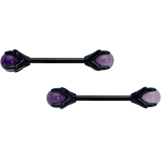 14G 9/16 Purple Amethyst Black Skeleton Hand Nipple Ring Set