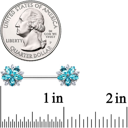 14G 9/16 Blue CZ Gem Floral Burst Barbell Nipple Ring Set