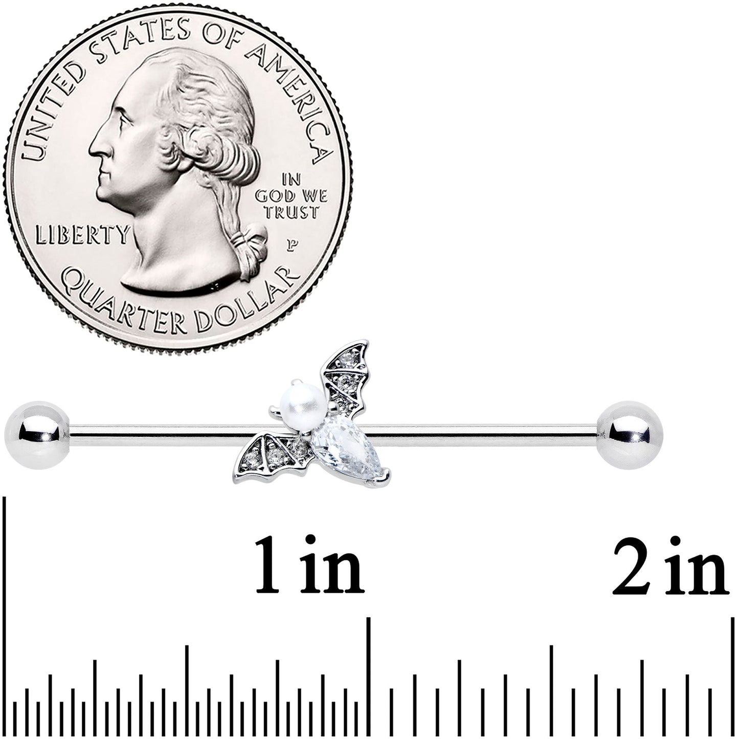 14G Clear Gem Offset Bat Halloween Industrial Barbell 38mm