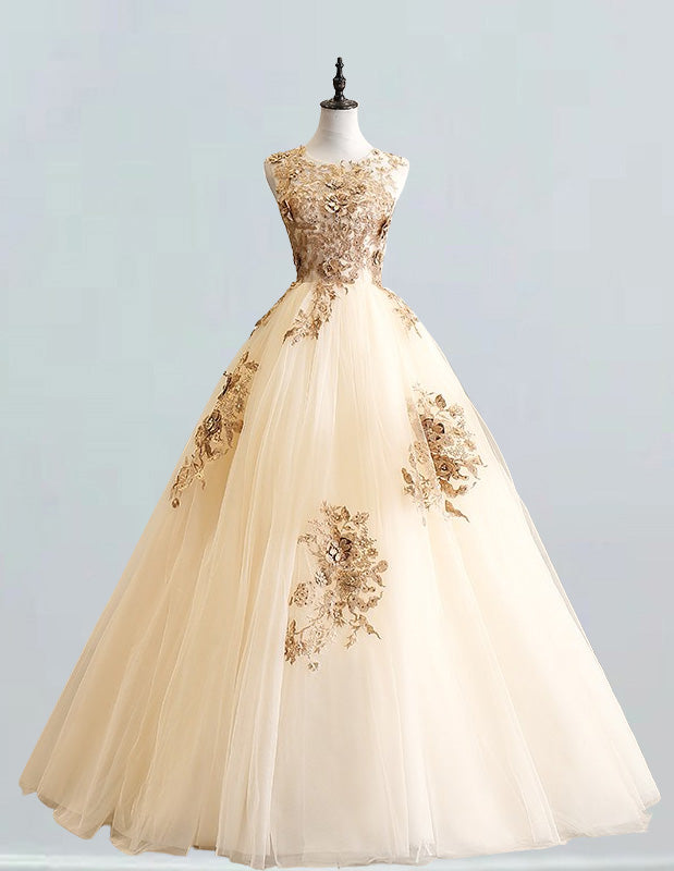 Champagne Lace Applique Tulle Ball Gown | Scoop Neck Prom & Evening Dress
