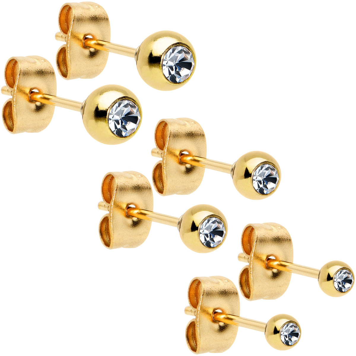 3mm 4mm 5mm Clear Gem Gold Tone Ball 316L Steel Stud Earrings 3 Pack
