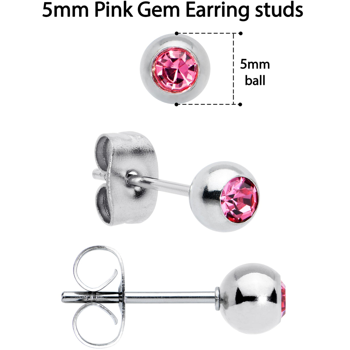 Pink Gem 3mm to 5mm Ball End Stud Earrings Set of 3