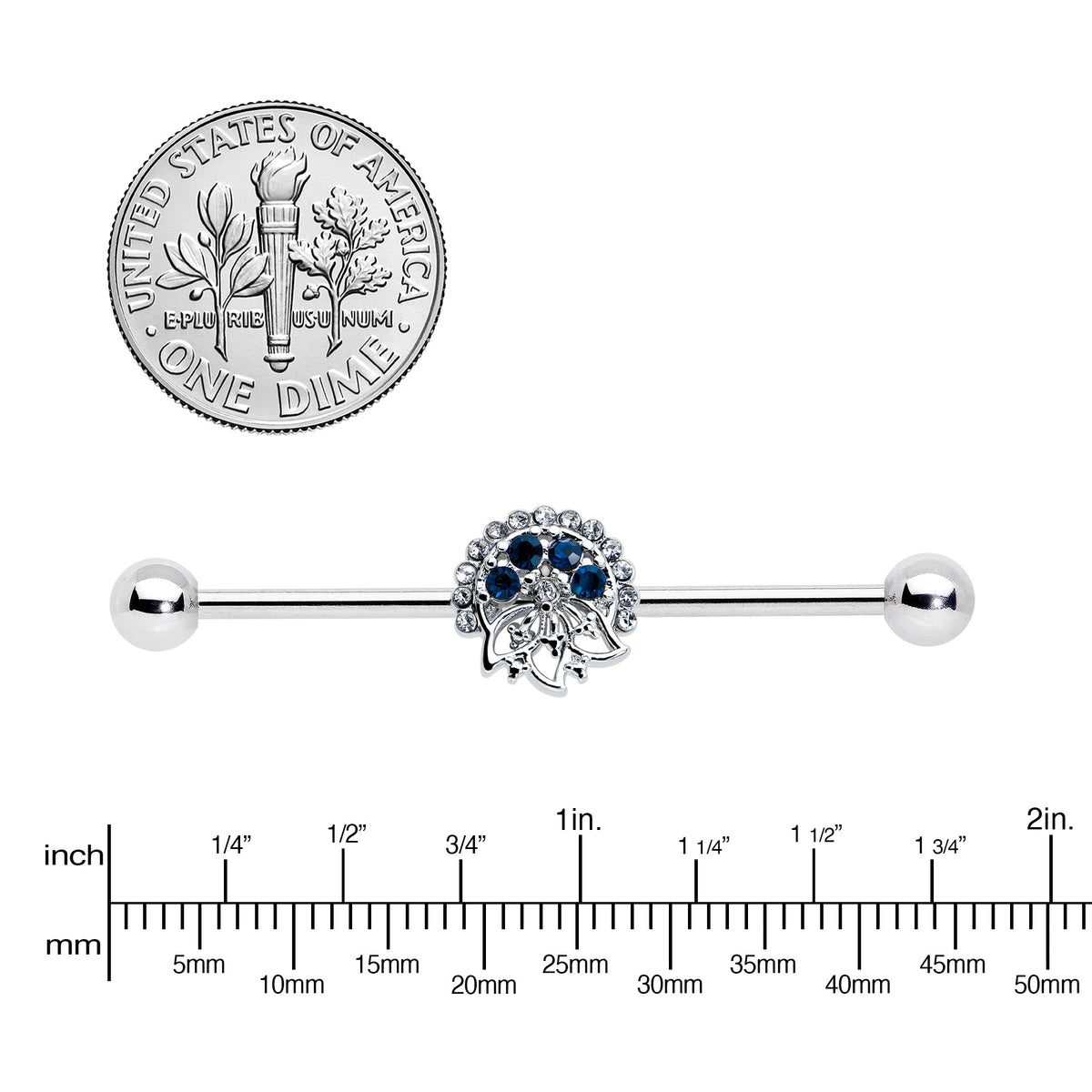 14G Blue Gem Abstract Arch Industrial Barbell 38mm