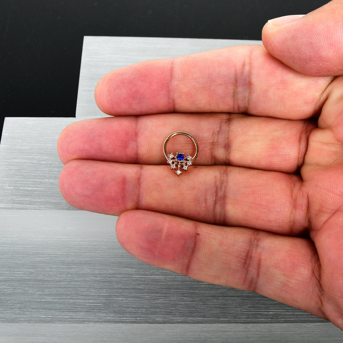 16G 3/8 Blue Gem Rose Gold Tone Glamour Flare Hinged Segment Ring