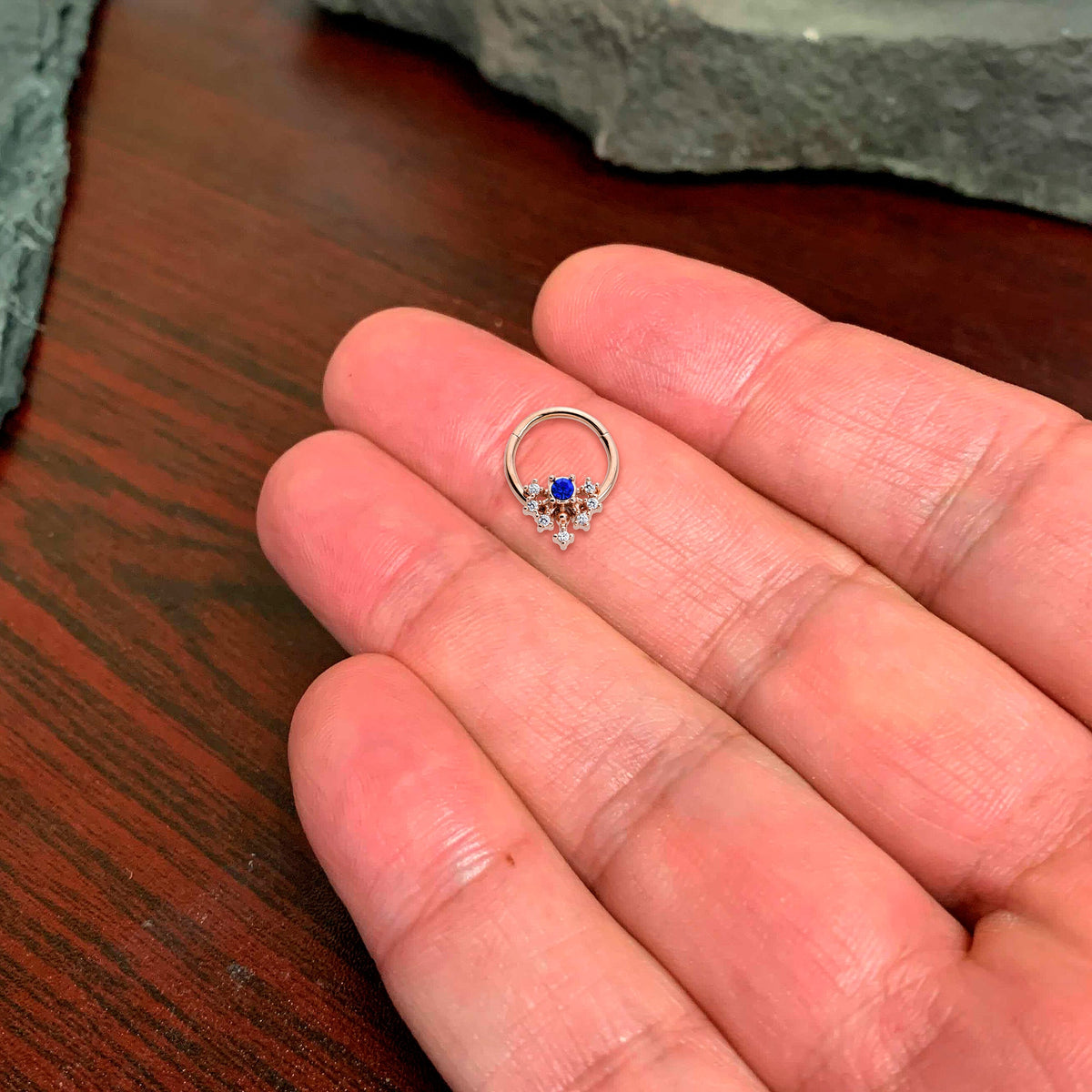 16G 3/8 Blue Gem Rose Gold Tone Glamour Flare Hinged Segment Ring