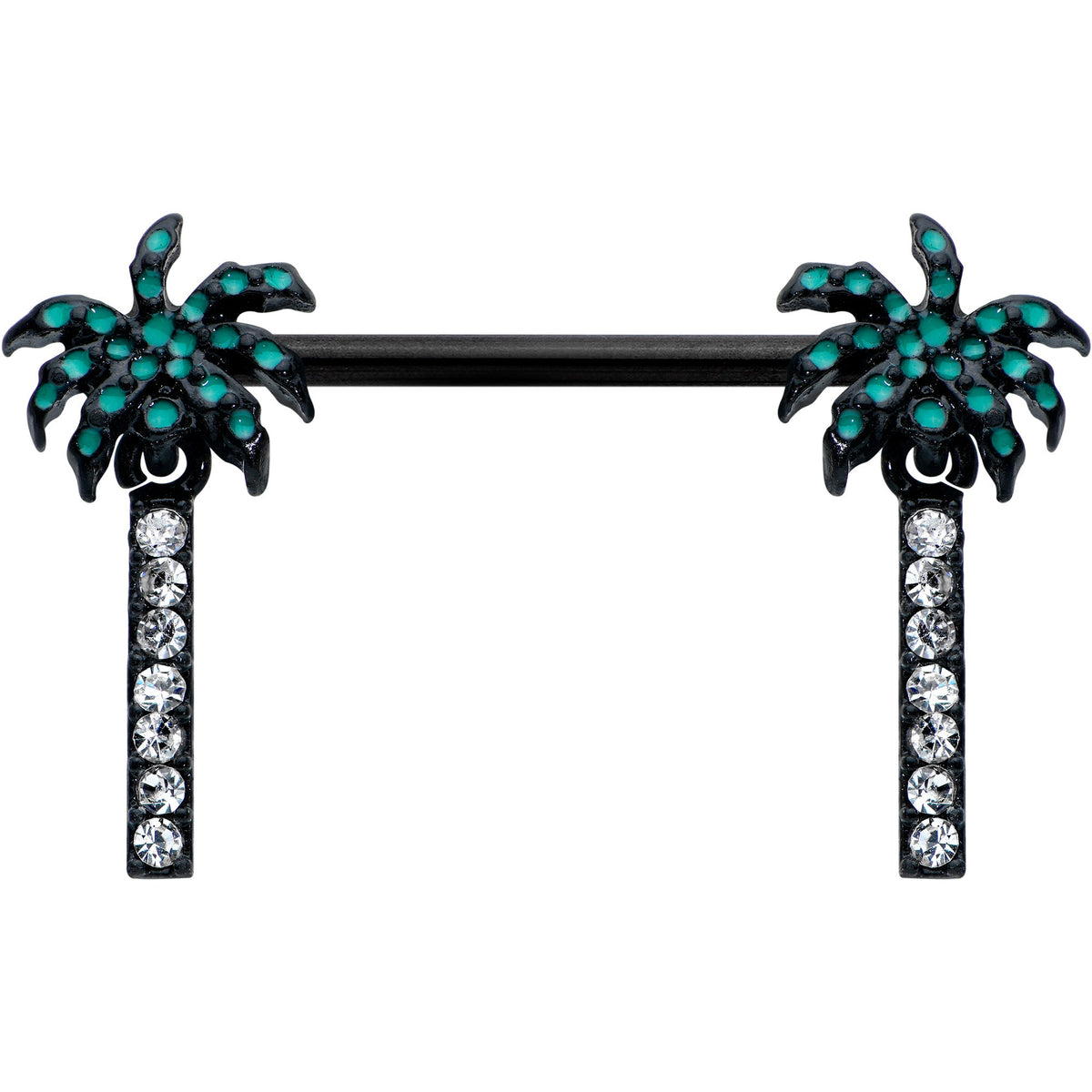 14G 9/16 Clear Gem Black Night Palm Tree Dangle Nipple Ring Set