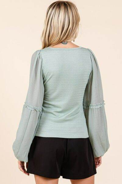 Mittoshop Mixed Media Textured Knit Chiffon Long Sleeve Top