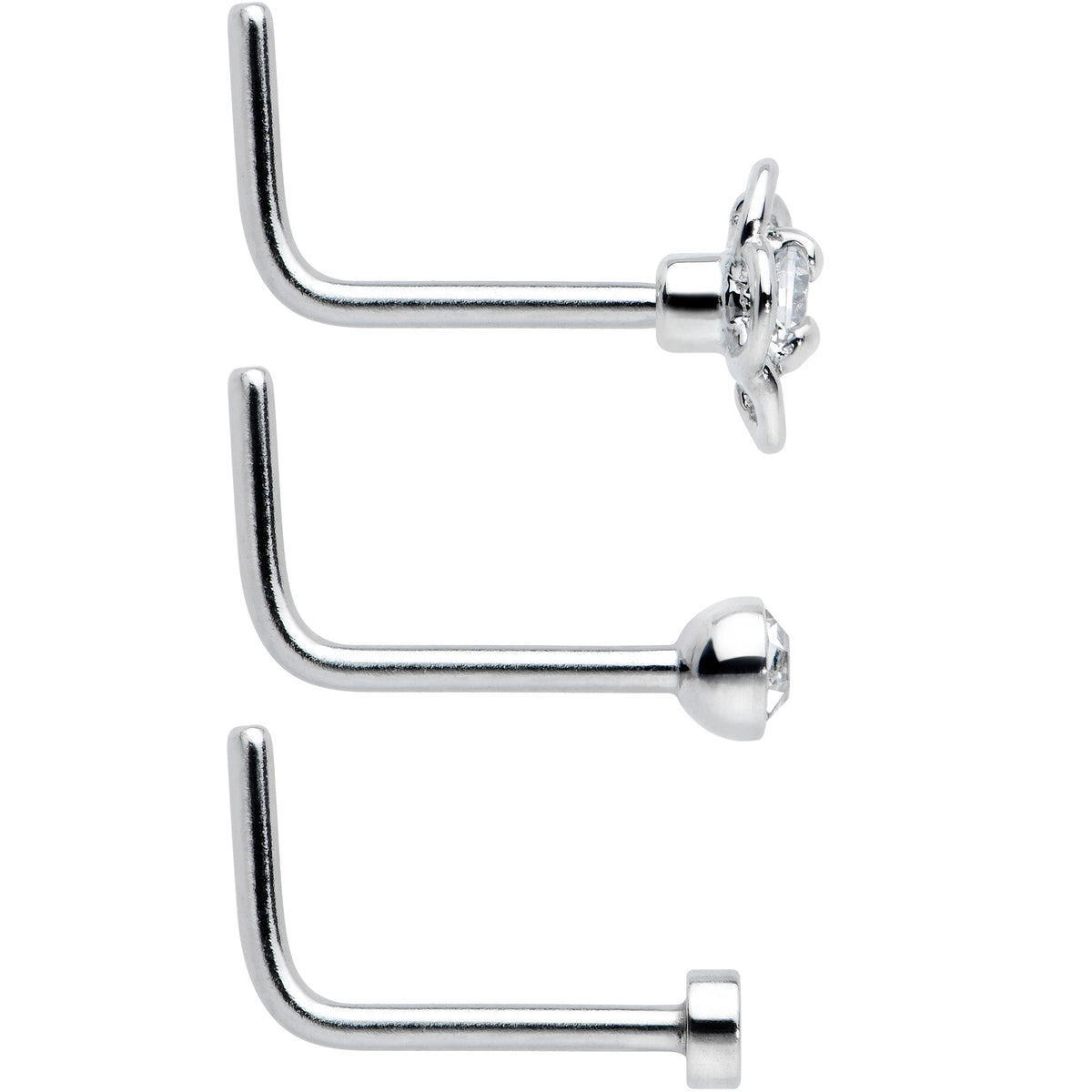 20G 1/4 Aurora Clear CZ Gem Flower L Shape Nose Ring Set of 6