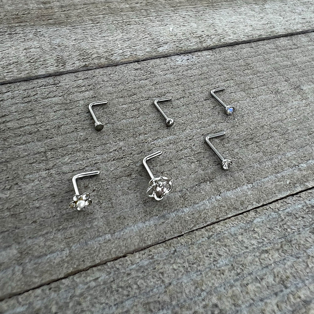 20G 1/4 Aurora Clear CZ Gem Flower L Shape Nose Ring Set of 6