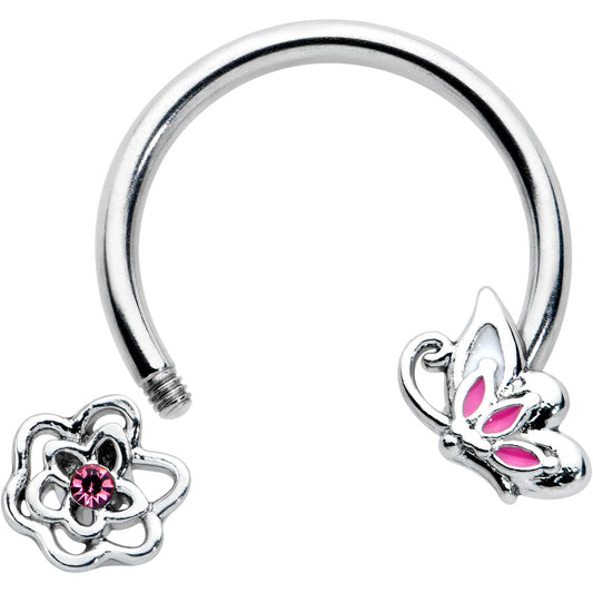 16G 3/8 Pink Butterfly Pink Gem Flower Horseshoe Circular Barbell