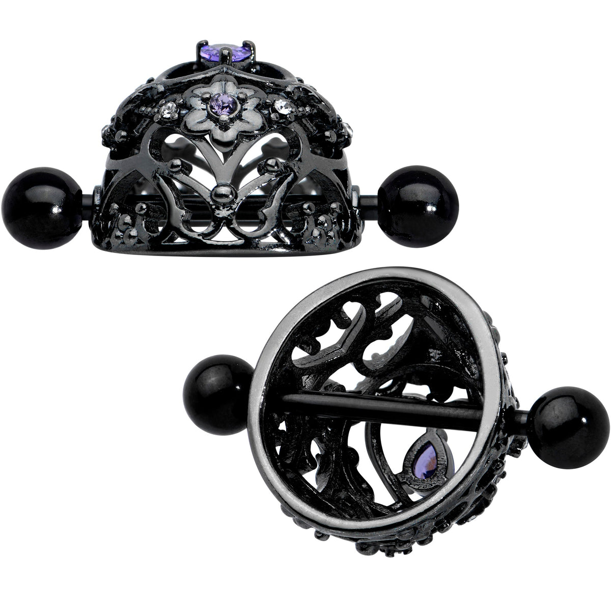 14G 9/16 Purple Gem Black Regal Crown Heart Nipple Shield Set