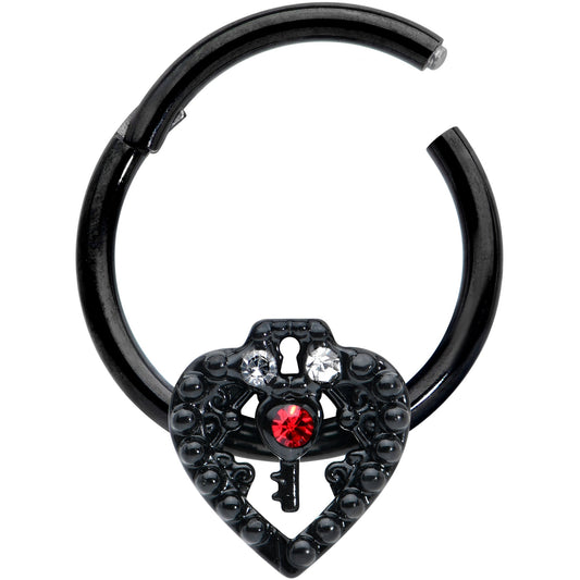 16G 3/8 Red Clear Gem Black Key Heart Hinged Segment Ring