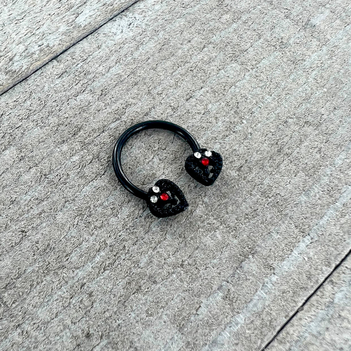 16G 3/8 Clear Red Gem Black Key Heart Horseshoe Circular Barbell
