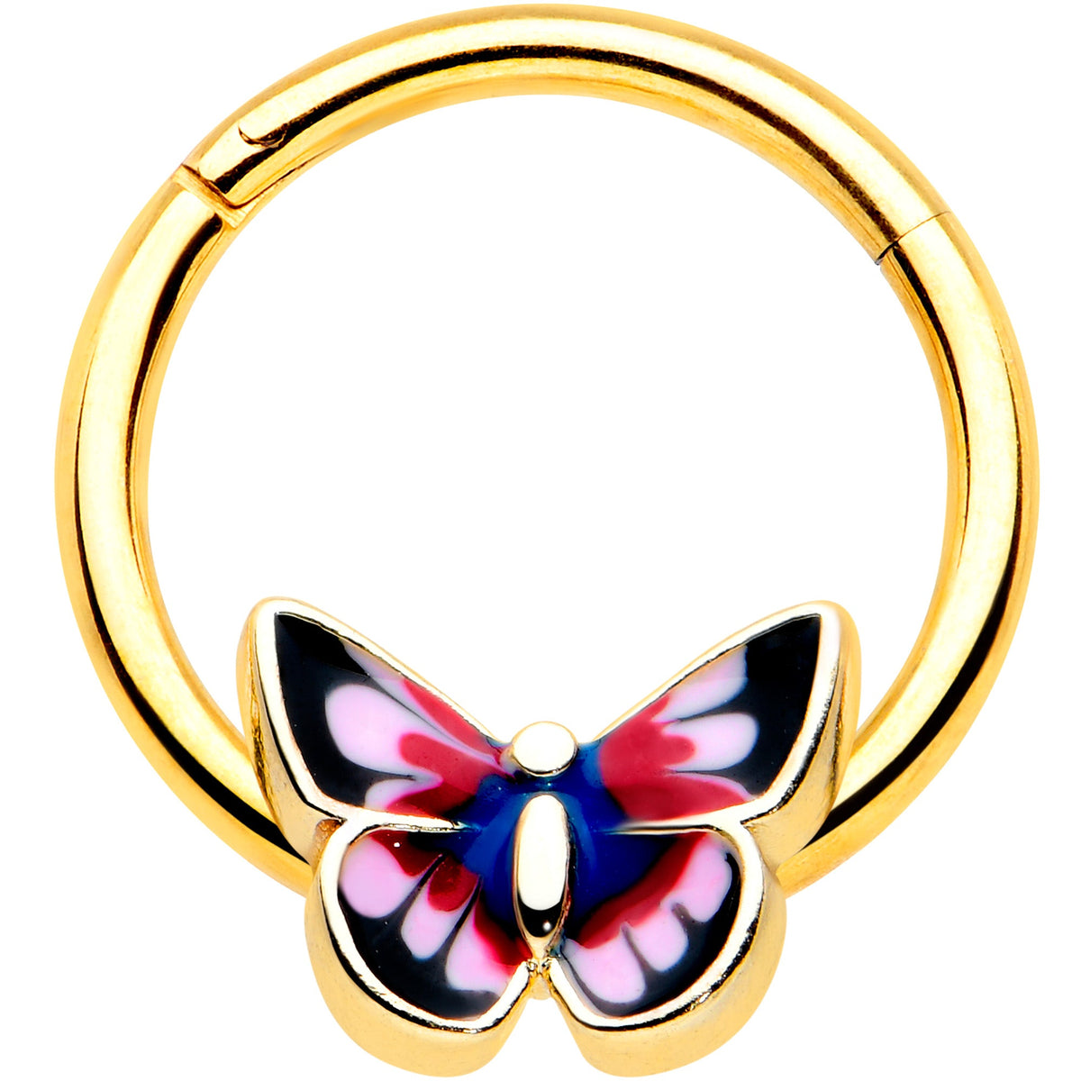 16G 3/8 Gold Tone Red Pink Blue Butterfly Hinged Segment Ring