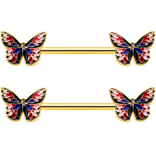 14G 5/8 Gold Tone Pink Blue Red Butterfly Barbell Nipple Ring Set