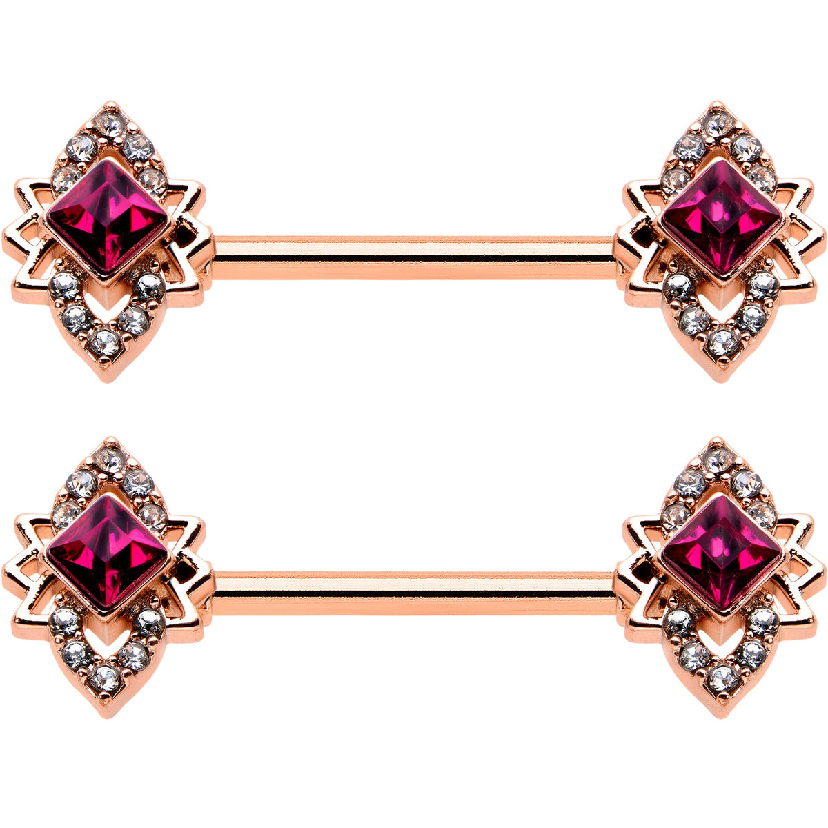14G 9/16 Red Gem Rosy Tone Octogram Star Barbell Nipple Ring Set