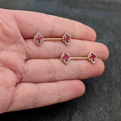 14G 9/16 Red Gem Rosy Tone Octogram Star Barbell Nipple Ring Set