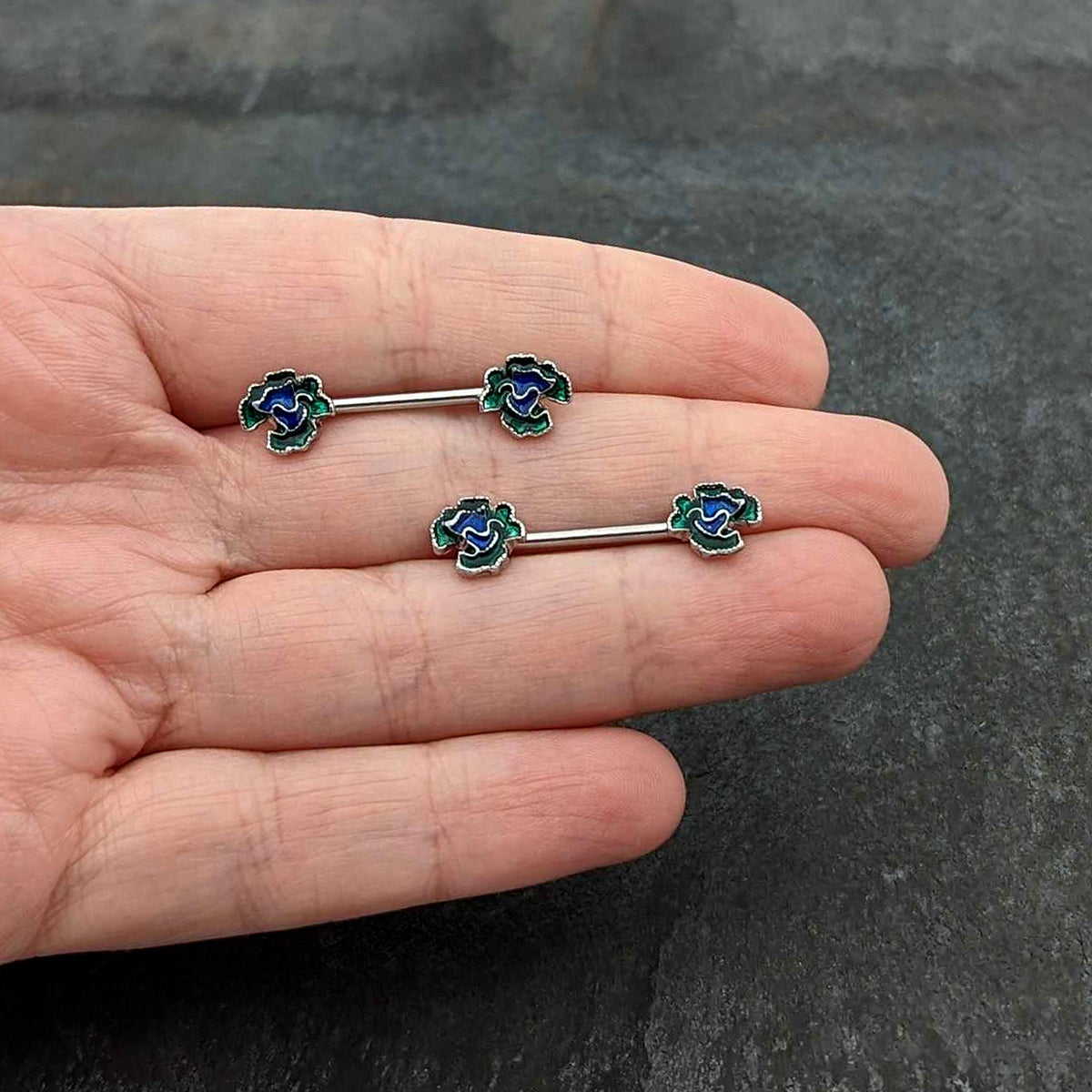 14G 9/16 Spring Flower Blue Green Barbell Nipple Ring Set
