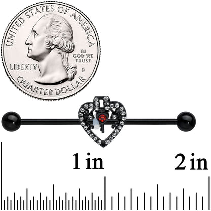 14G Clear Red Gem Black Key Heart Industrial Barbell 38mm