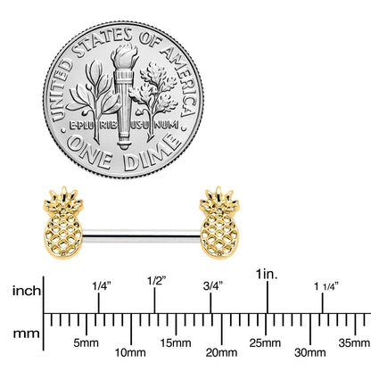 14G 9/16 Lacy Golden Pineapples Barbell Nipple Ring Set