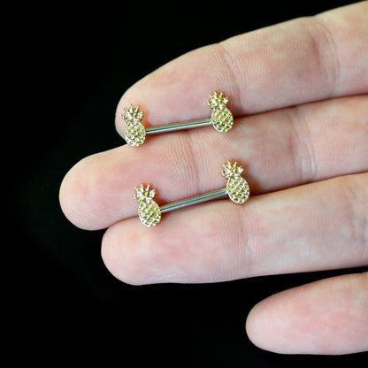 14G 9/16 Lacy Golden Pineapples Barbell Nipple Ring Set