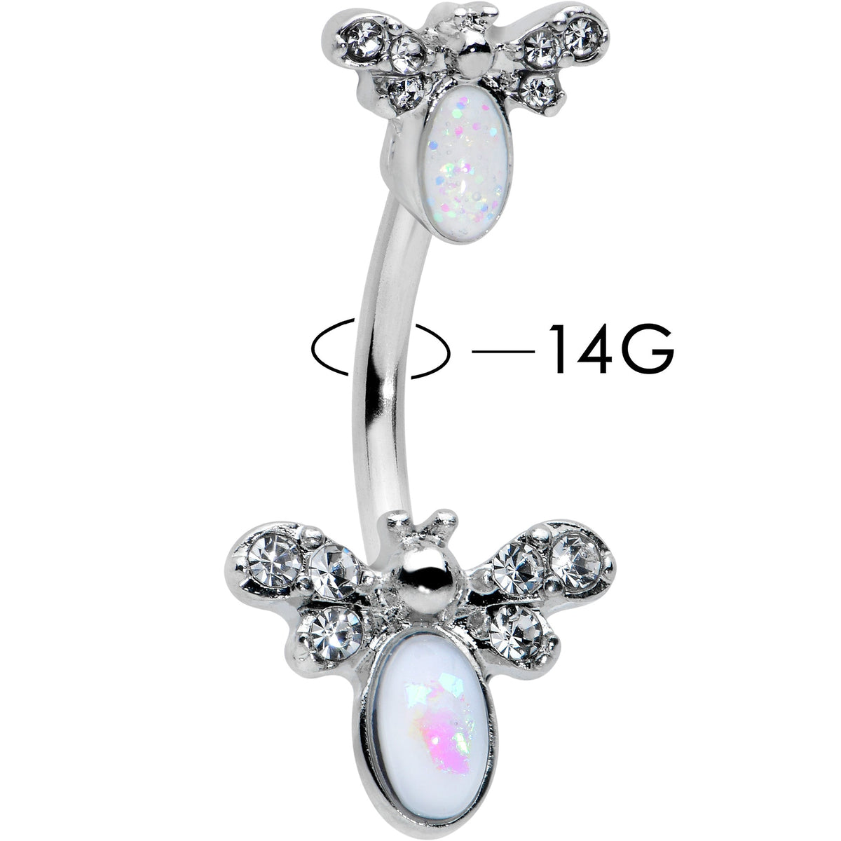 White Faux Opal Clear Gem Double Butterfly Double Mount Belly Ring