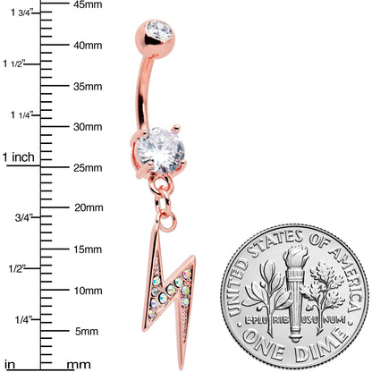 Aurora CZ Gem Rose Gold Tone Lightning Strike Dangle Belly Ring