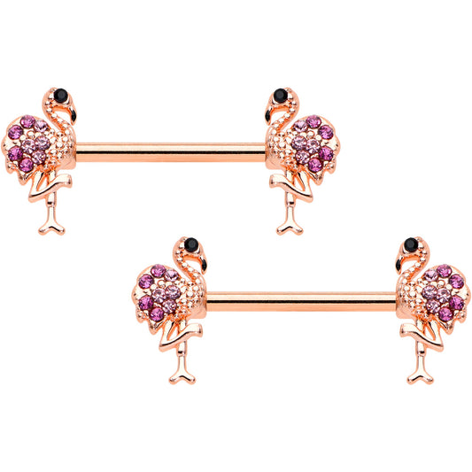 14G 9/16  Pink Gem Rose Gold Hue Fashion Flamingo Nipple Ring Set