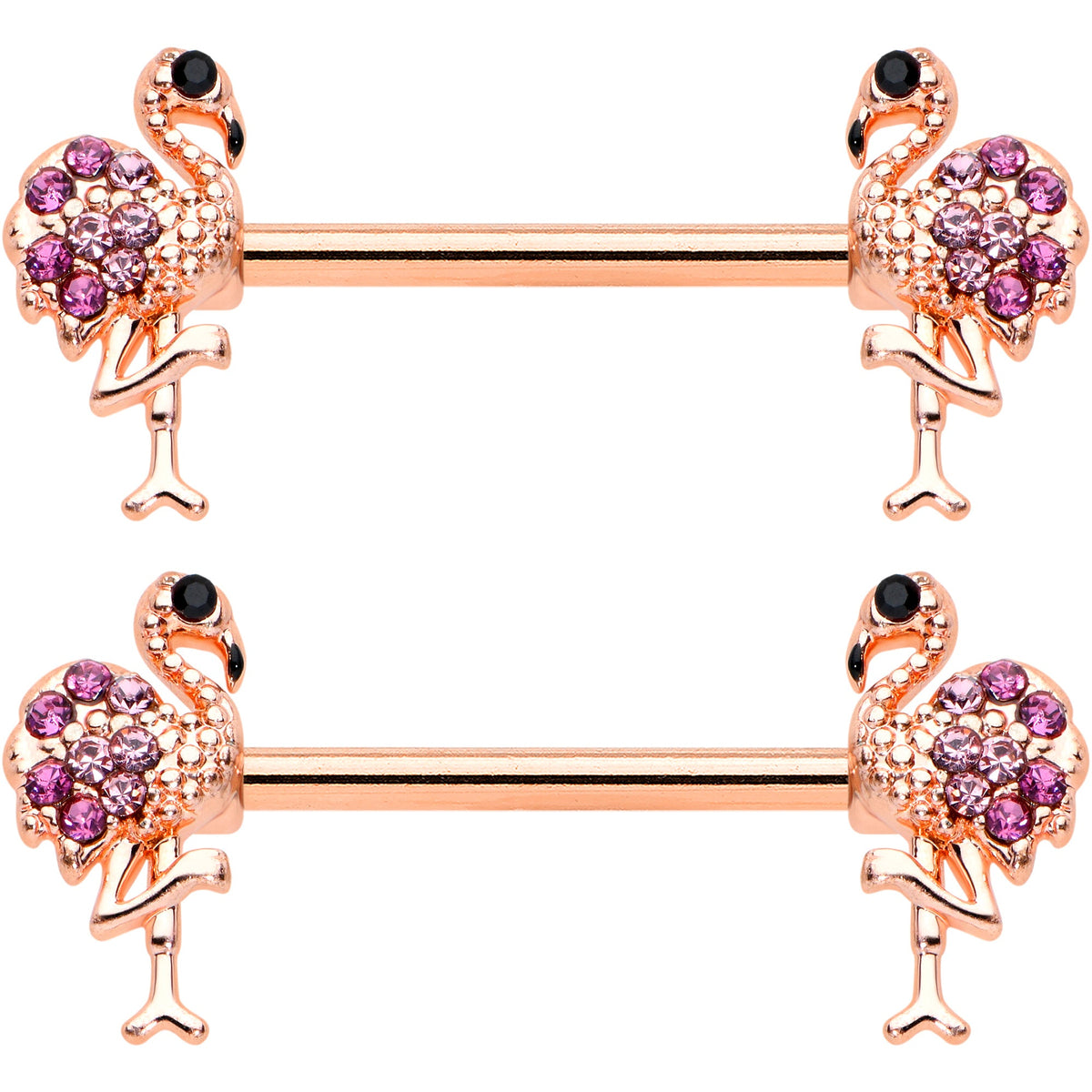 14G 9/16  Pink Gem Rose Gold Hue Fashion Flamingo Nipple Ring Set