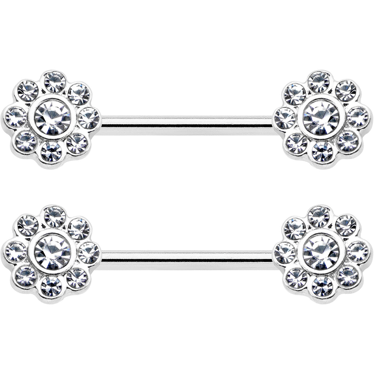 14G 9/16 Clear Gem Whimsy Flower Barbell Nipple Ring Set