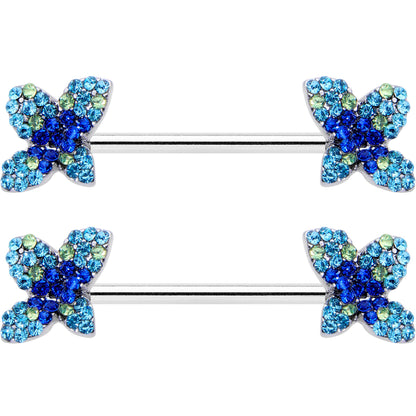 14G 9/16 Blue Gem Glamour Butterfly Barbell Nipple Ring Set
