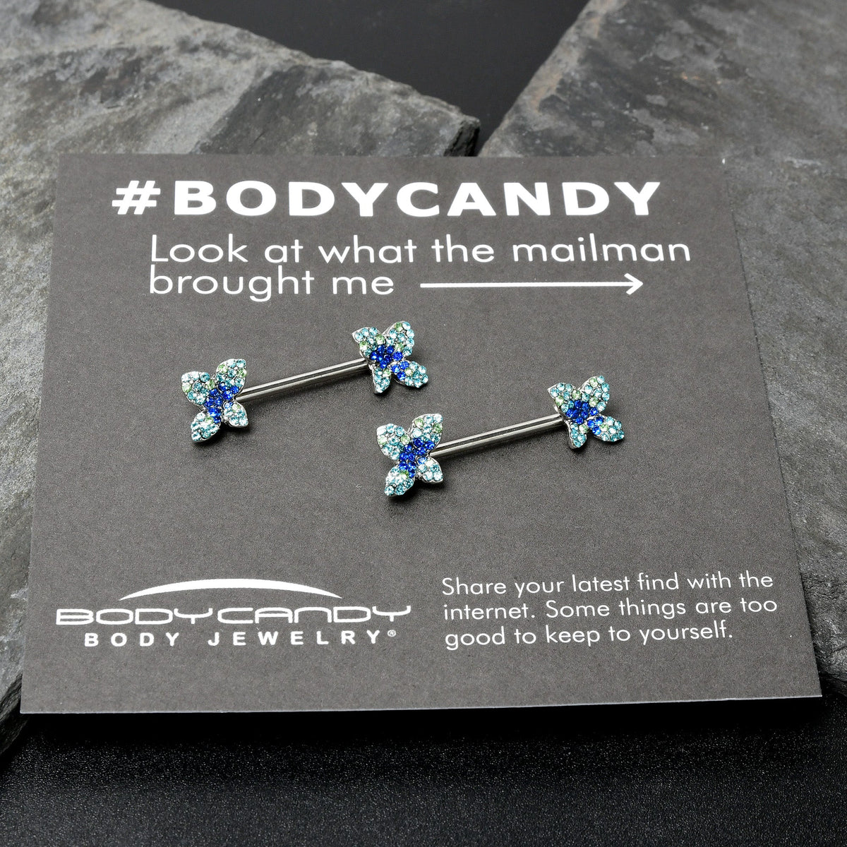 14G 9/16 Blue Gem Glamour Butterfly Barbell Nipple Ring Set