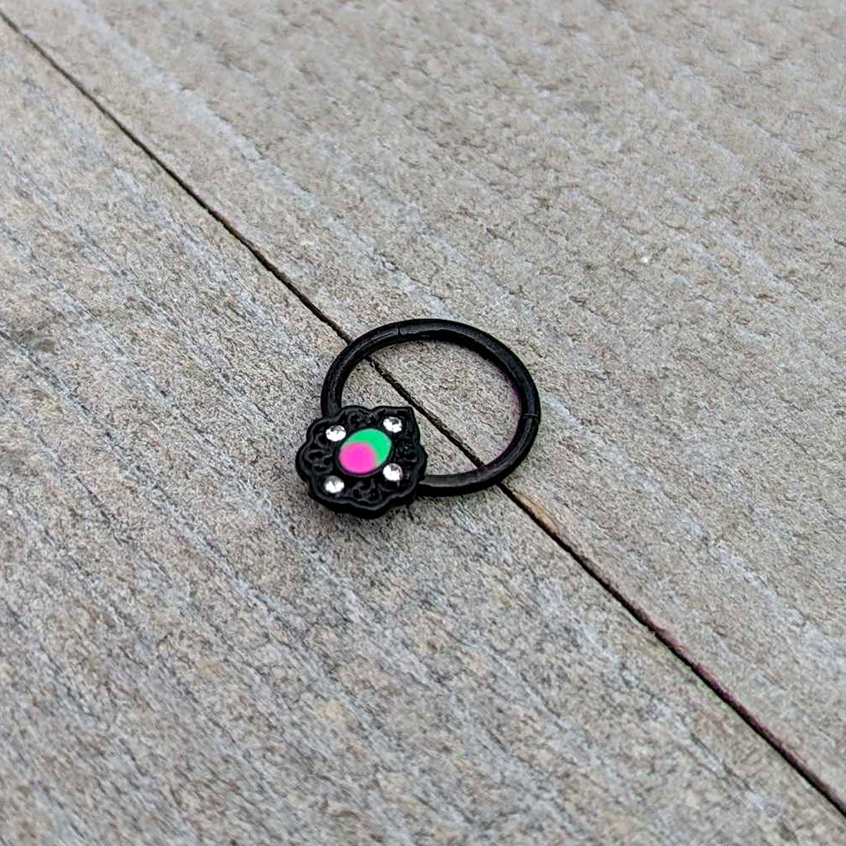 16G 3/8 Purple Tourmaline Black Lacy Drop Hinged Segment Ring