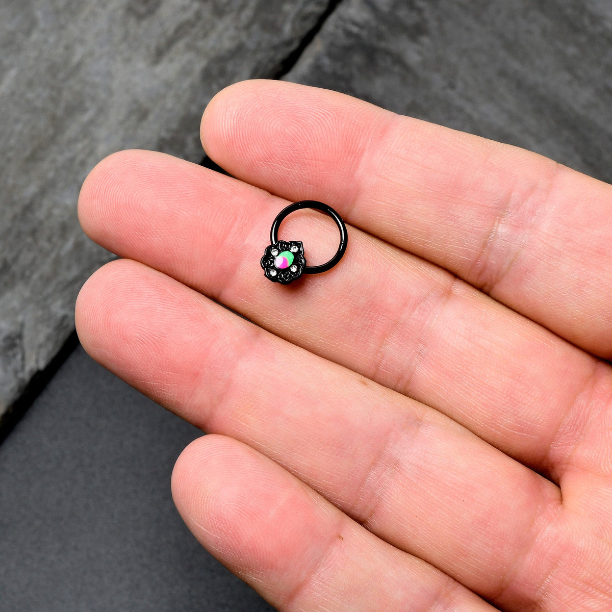 16G 3/8 Purple Tourmaline Black Lacy Drop Hinged Segment Ring