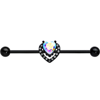 14G Aurora Clear Gem Black Rococo Heart Industrial Barbell 38mm