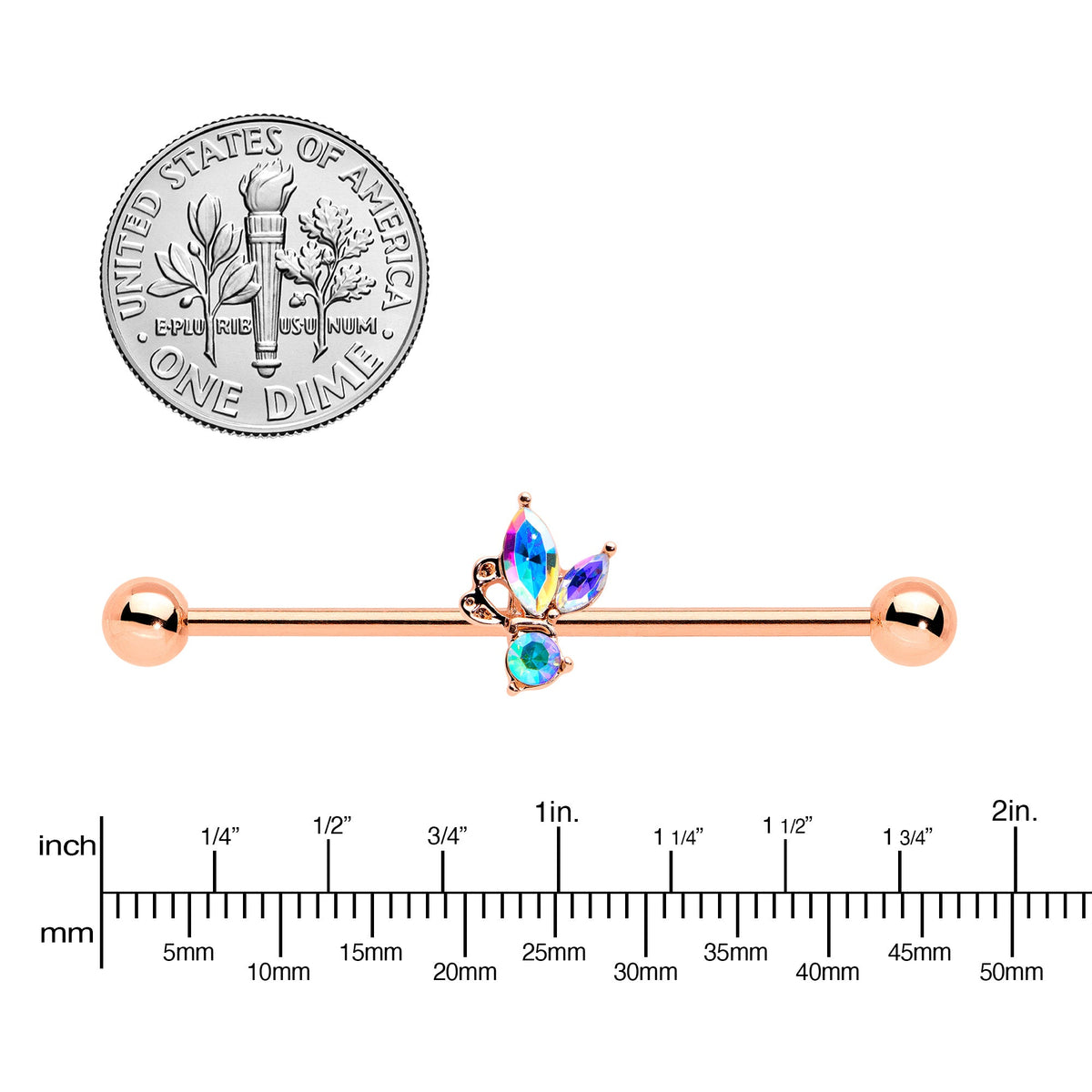 14G Aurora CZ Gem Rosy Tone Fleur de Lis Butterfly Industrial Barbell 38mm