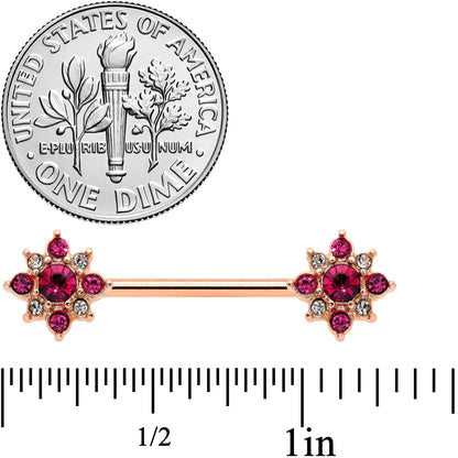 14G Red Gem Rose Gold Tone Rococo Star Barbell Nipple Ring Set
