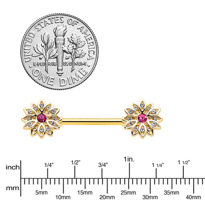 14G 9/16 Clear Pink Gem Gold Tone Starry Flower Nipple Ring Set