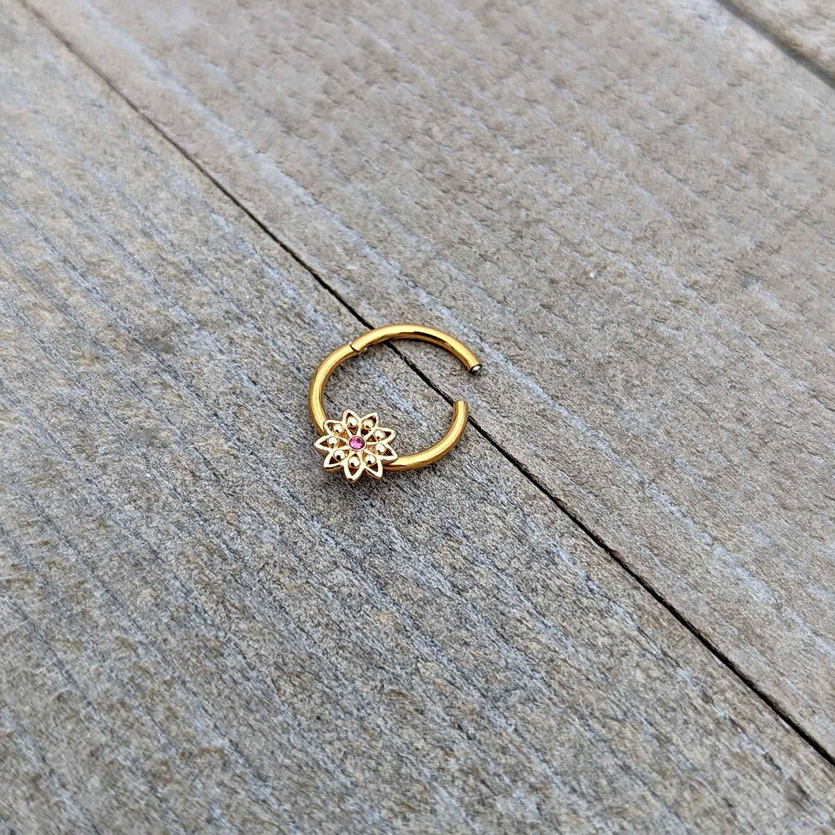 16G 3/8 Pink Gem Gold Tone Starry Flower Hinged Segment Ring