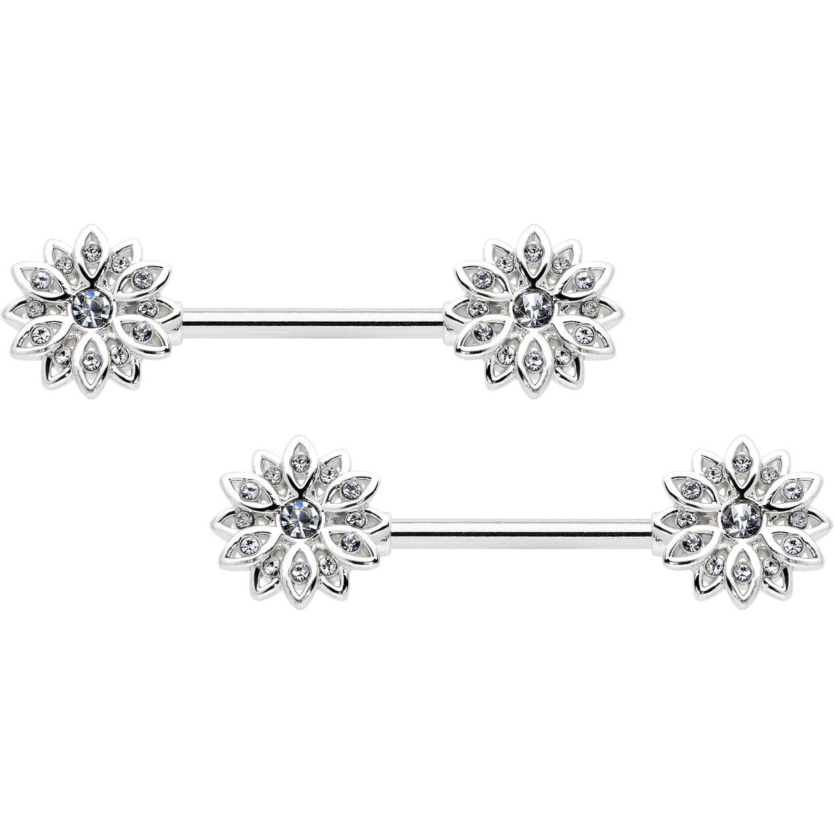 14G 9/16 Clear Gem Rococo Starry Flower Barbell Nipple Ring Set
