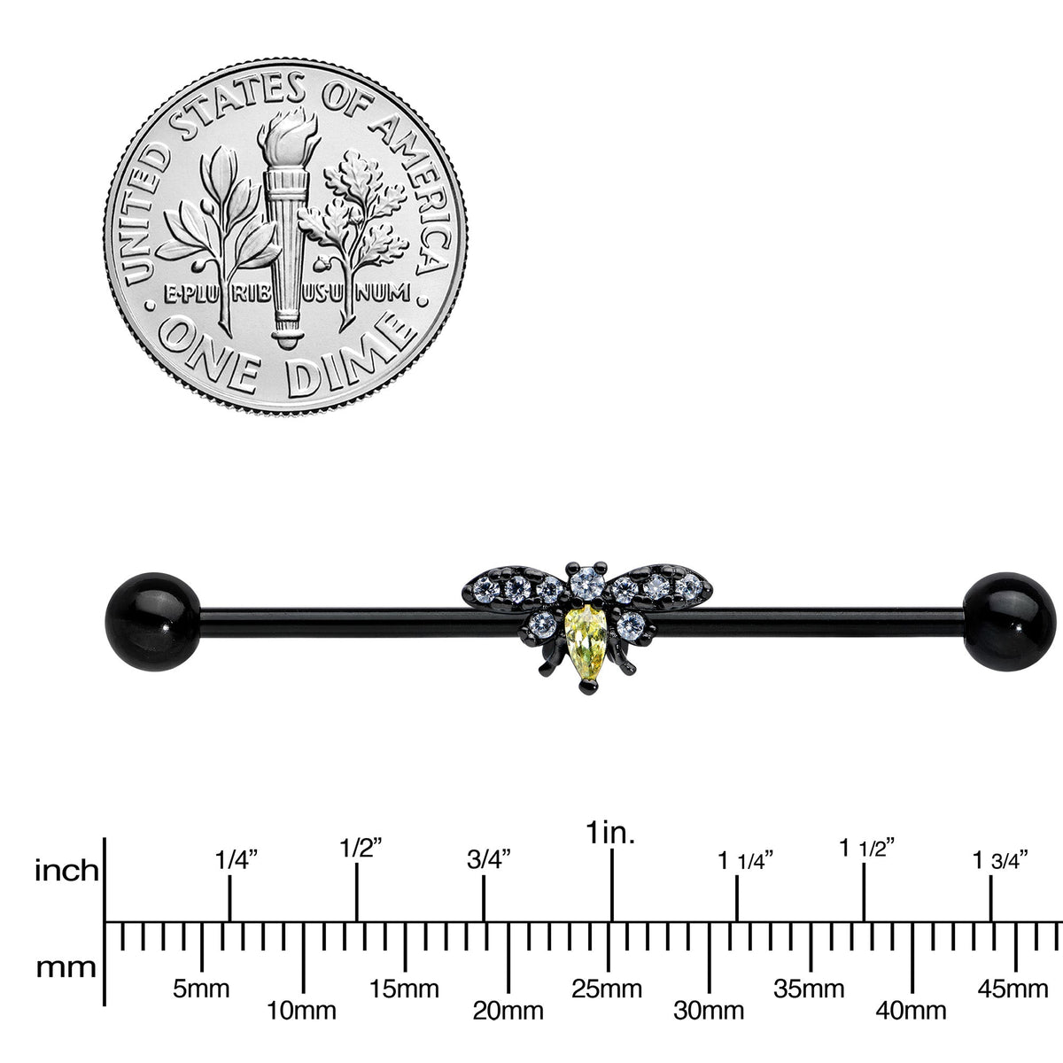14G Yellow Clear Gem Black Butterfly Industrial Barbell 38mm