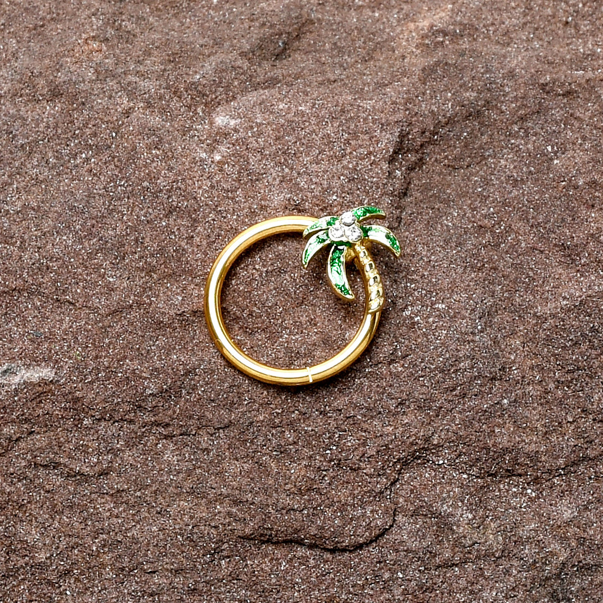 16G 3/8 Clear Gem Gold Tone Palm Tree Style Hinged Segment Ring