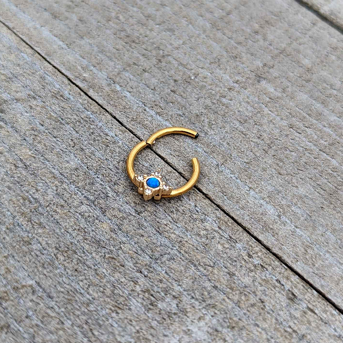 16G 3/8 Blue Synthetic Opal Gold Hue Rhombus Hinged Segment Ring