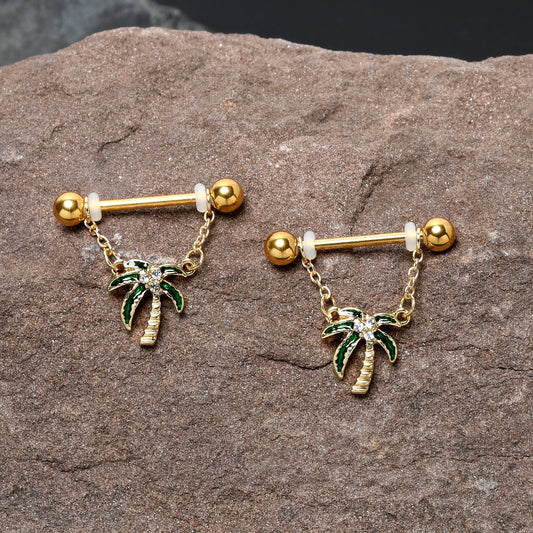 14G 9/16 Clear Gem Gold Hue Palm Tree Style Dangle Nipple Ring Set