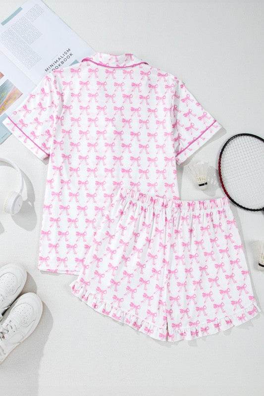 Pink Short Sleeve and Ruffled Shorts Pajama Set